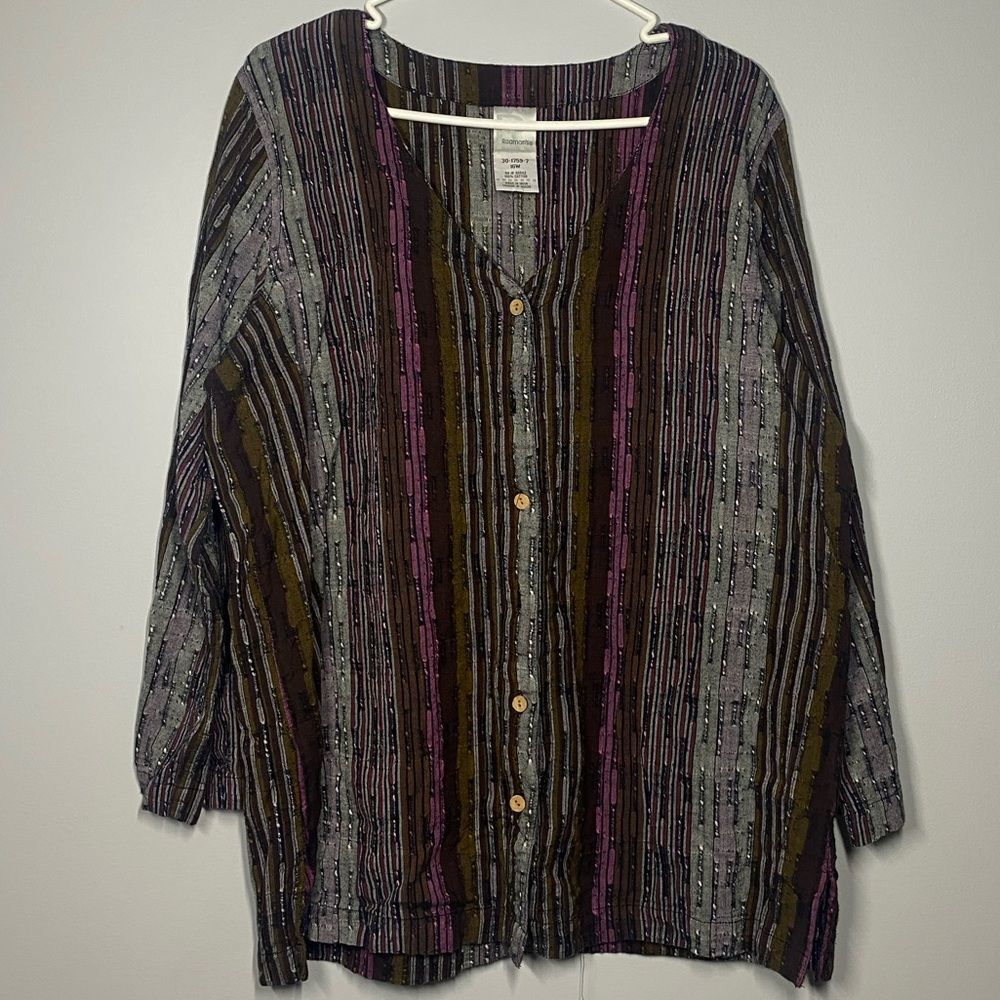 Striped Multicolor Women's Button Down Tunic Top Cotton Size M/L